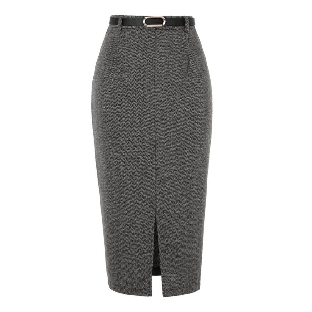 Women's Midi Pencil Skirt Fall Winter Slit Office Skirts with Belt Black